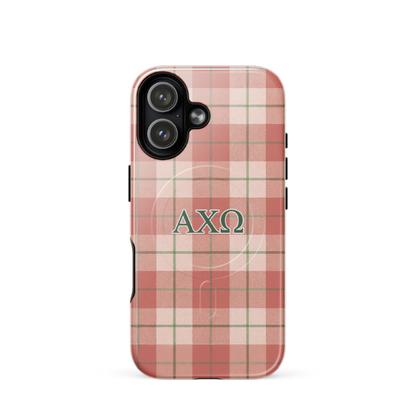 Alpha Chi Omega AXO iPhone 17 case red plaid tartan design with green lines and MagSafe ring close-up on white background