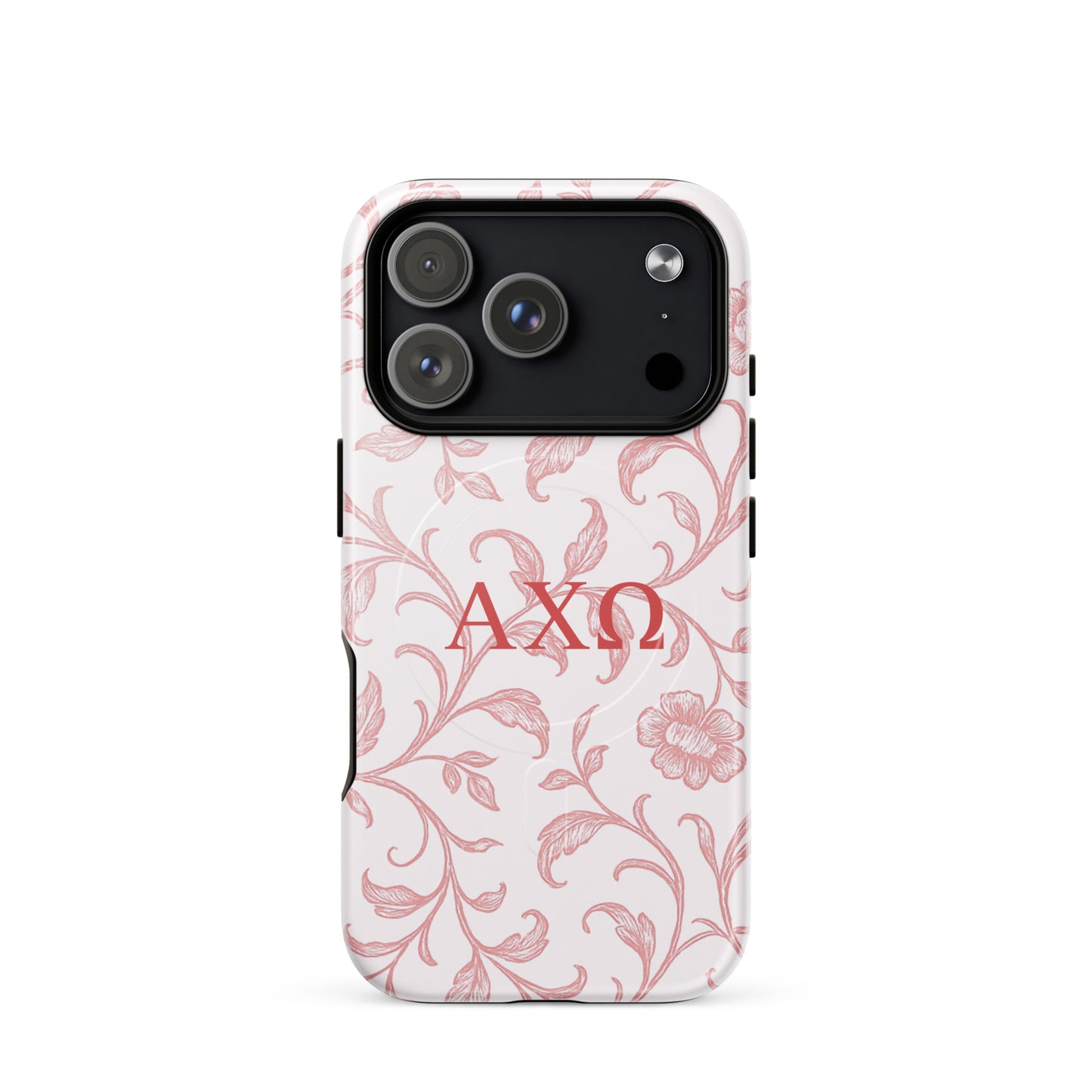 Alpha Chi Omega floral toile iPhone 17 Pro case red vine pattern MagSafe compatible close-up on white background