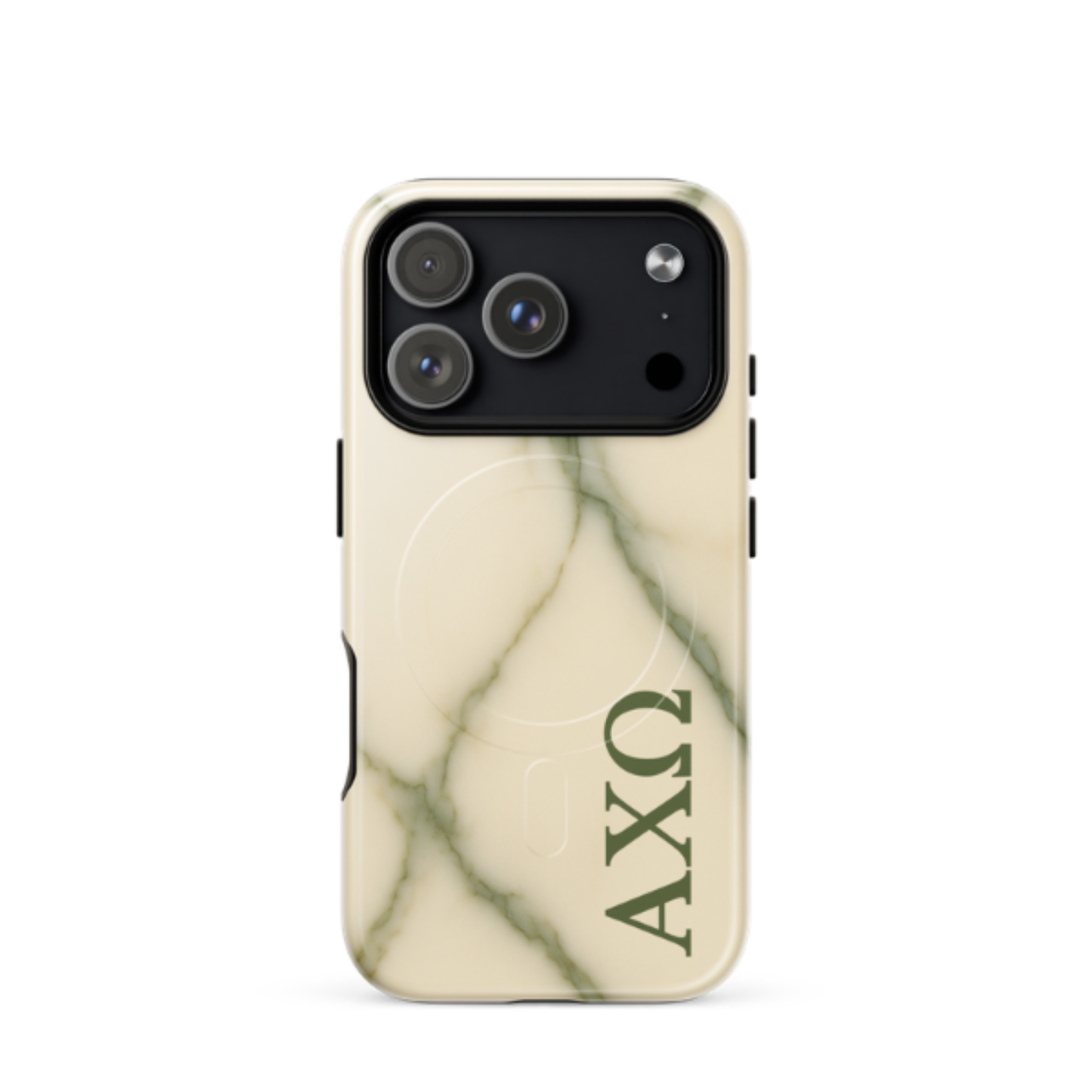 Alpha Chi Omega green marble iPhone 17 Pro case with MagSafe compatibility shown in close-up view on white background