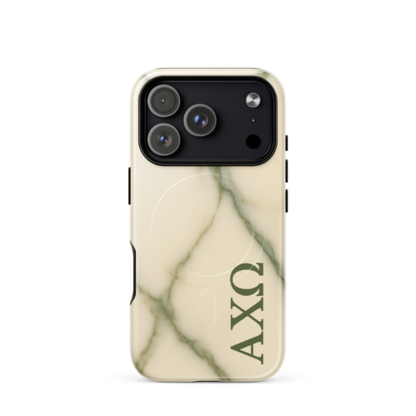 Alpha Chi Omega green marble iPhone 17 Pro case with MagSafe compatibility shown in close-up view on white background