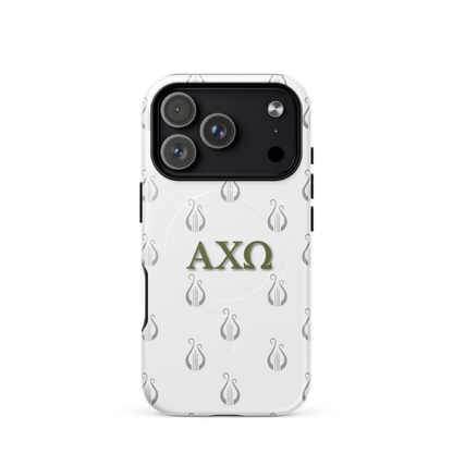 Alpha Chi Omega AXO iPhone 17 Pro case olive green letters with lyre pattern MagSafe close-up on white background