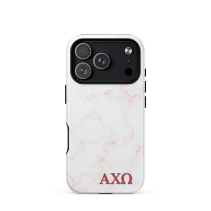 Alpha Chi Omega iPhone 17 Pro case with blush marble pattern red AXO letters MagSafe compatible slim case on white background
