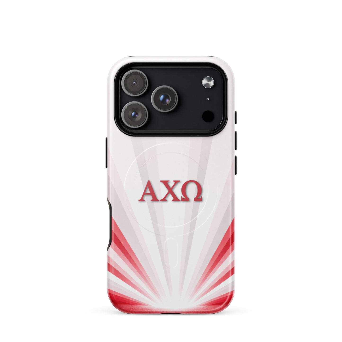 Alpha Chi Omega Radiant Sunburst MagSafe case for iPhone 17 Pro in white with red AXO Greek letters and sunburst design