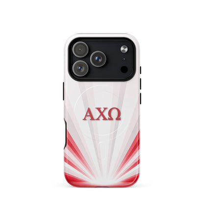 Alpha Chi Omega Radiant Sunburst MagSafe case for iPhone 17 Pro in white with red AXO Greek letters and sunburst design