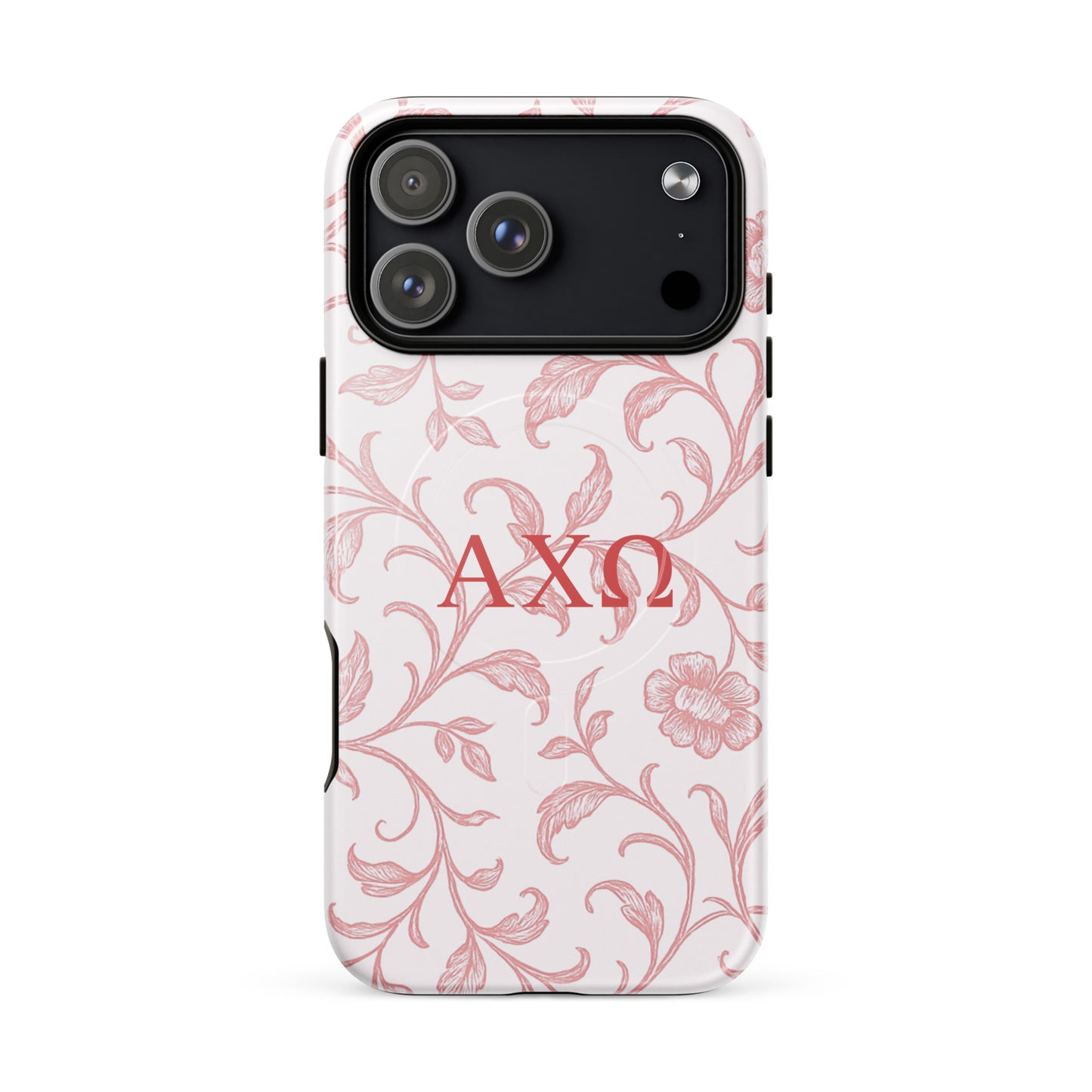 Alpha Chi Omega floral toile iPhone 17 Pro-Max case red vine pattern MagSafe compatible close-up on white background