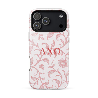 Alpha Chi Omega floral toile iPhone 17 Pro-Max case red vine pattern MagSafe compatible close-up on white background