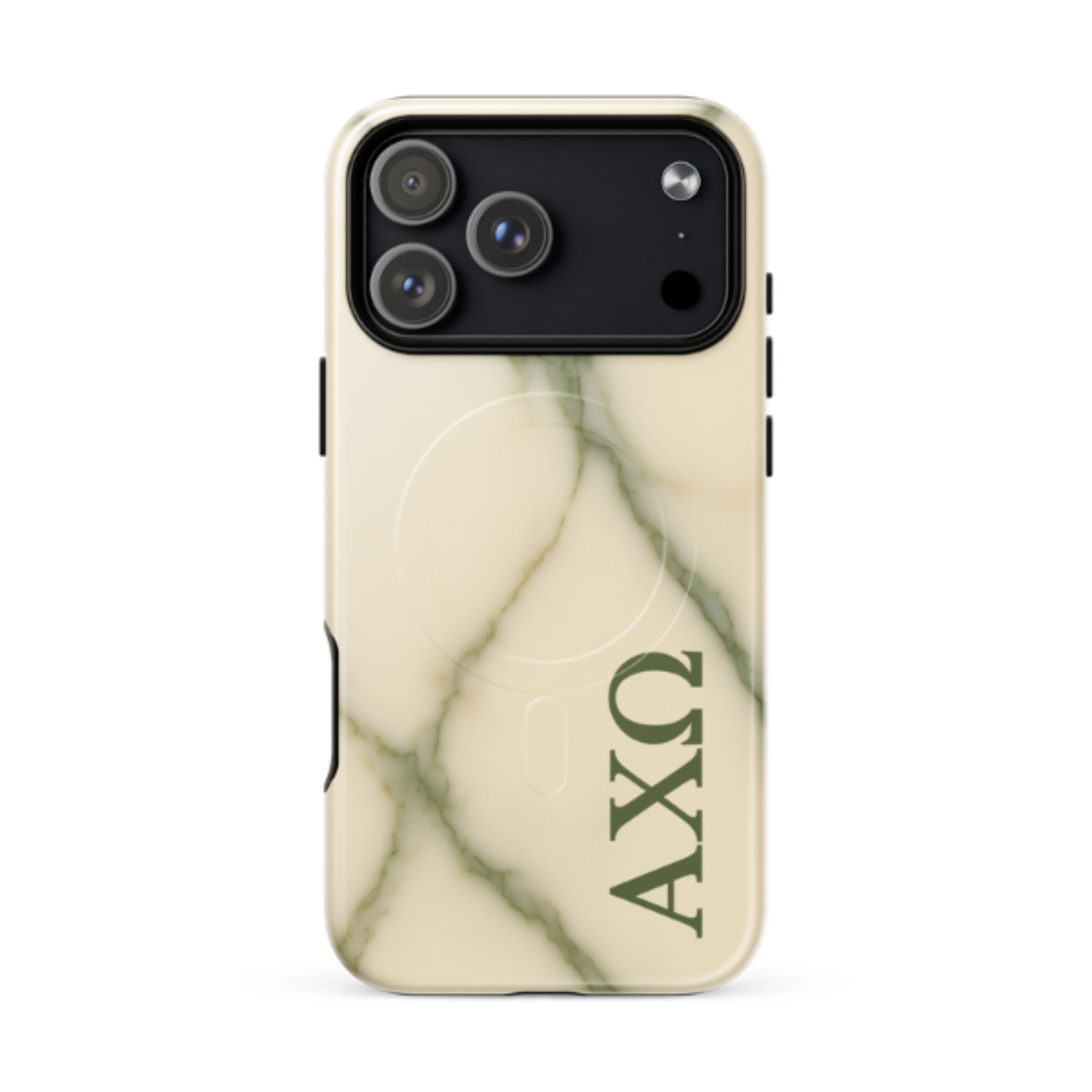 Alpha Chi Omega green marble iPhone 17 Pro Max case with MagSafe compatibility shown in close-up view on white background