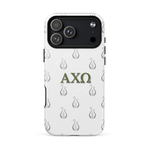 Alpha Chi Omega lyre pattern iPhone 17 Pro Max case with olive green Greek letters and MagSafe ring on white background