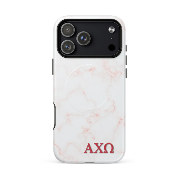 Alpha Chi Omega marble iPhone 17 Pro Max case with soft pink veining and red Greek letters AXO MagSafe compatible on white background