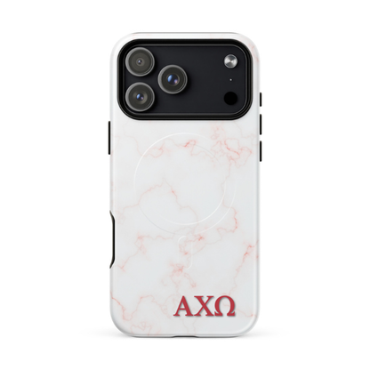 Alpha Chi Omega marble iPhone 17 Pro Max case with soft pink veining and red Greek letters AXO MagSafe compatible on white background