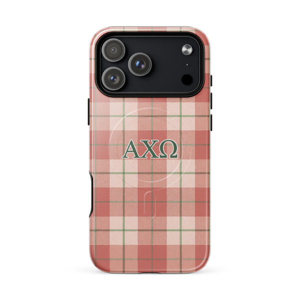 Alpha Chi Omega AXO iPhone 17 Pro Max case red plaid tartan design with green lines and MagSafe ring close-up on white background
