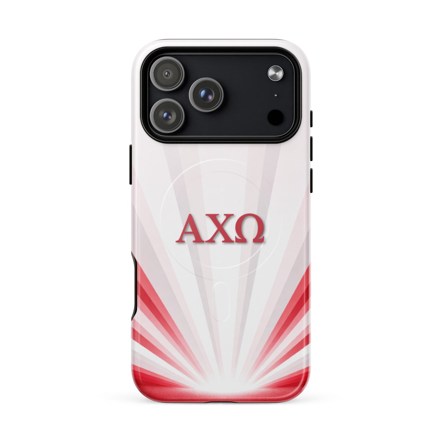 Alpha Chi Omega Radiant Sunburst iPhone 17 Pro Max MagSafe case featuring red AXO sorority letters on white