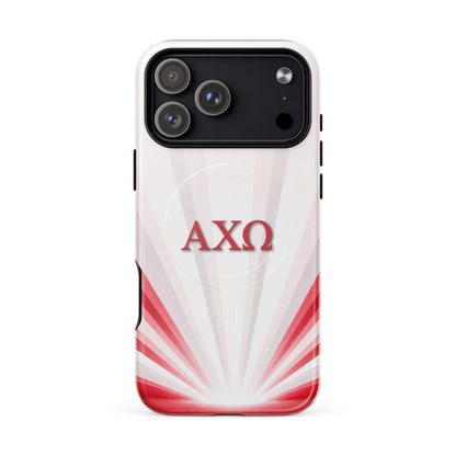 Alpha Chi Omega Radiant Sunburst iPhone 17 Pro Max MagSafe case featuring red AXO sorority letters on white