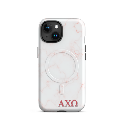 Alpha Chi Omega® iPhone® MagSafe® tough case - White Marble with Scarlet Greek Letters