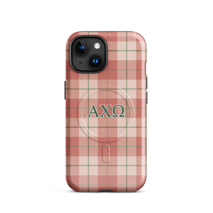 Alpha Chi Omega® MagSafe® tough case for iPhone® Plaid Design with Greek Letters