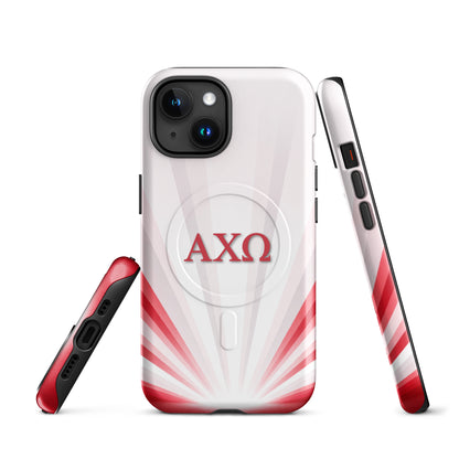 Back of Alpha Chi Omega AXO sorority phone case with radiant sunburst design and precise port openings