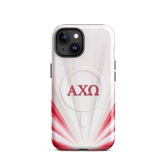 Alpha Chi Omega Radiant Sunburst MagSafe iPhone case in white with red AXO sorority lettering