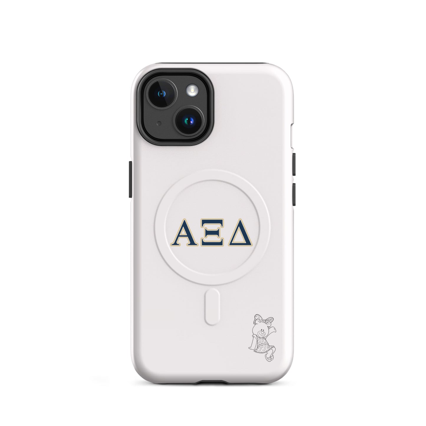 Alpha Xi Delta Betxi Bear iPhone 14 case with Greek letters and MagSafe ring, minimalist white protective phone case with sorority mascot