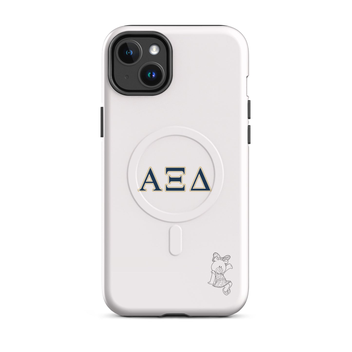 Alpha Xi Delta iPhone 14 Plus case featuring Betxi Bear mascot and Greek letters, slim durable cover with MagSafe compatibility and clean design