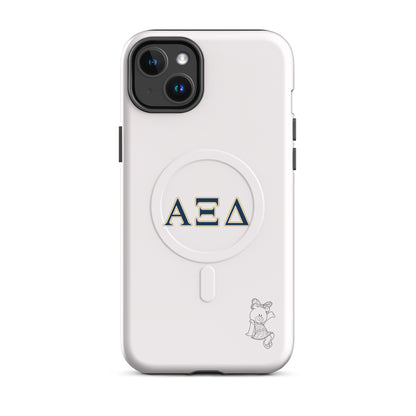 Alpha Xi Delta iPhone 14 Plus case featuring Betxi Bear mascot and Greek letters, slim durable cover with MagSafe compatibility and clean design