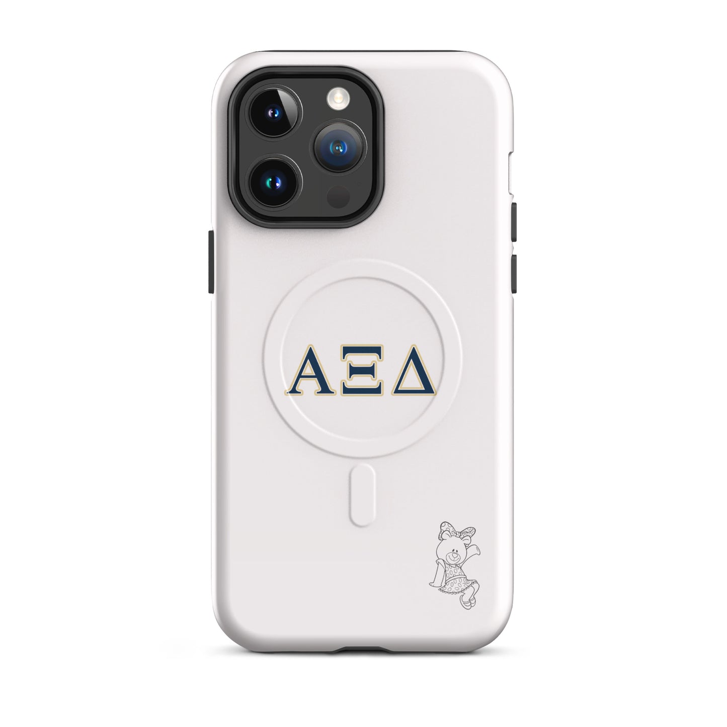 Alpha Xi Delta Greek letter phone case with Betxi Bear mascot, lightweight protective iPhone 14 Pro Max case with MagSafe ring and minimalist style