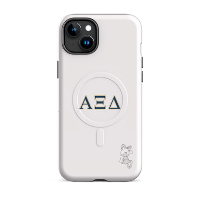 Alpha Xi Delta Betxi Bear iPhone 15 Plus case with Greek letters and MagSafe ring, minimalist white protective phone case with sorority mascot