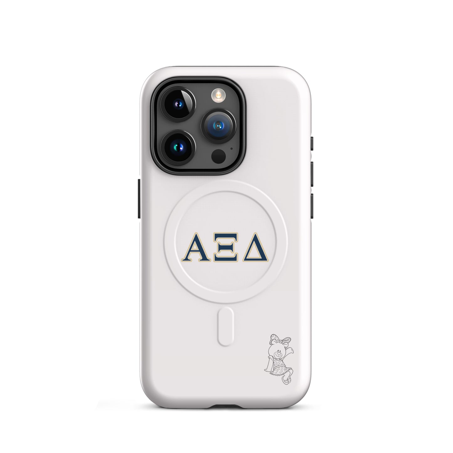 Alpha Xi Delta iPhone 15 Pro case featuring Betxi Bear mascot and Greek letters, slim durable cover with MagSafe compatibility and clean design