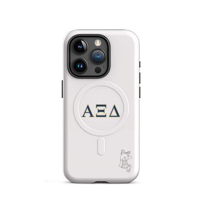 Alpha Xi Delta iPhone 15 Pro case featuring Betxi Bear mascot and Greek letters, slim durable cover with MagSafe compatibility and clean design