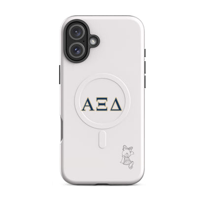 Alpha Xi Delta iPhone 16 Plus case featuring Betxi Bear mascot and Greek letters, slim durable cover with MagSafe compatibility and clean design