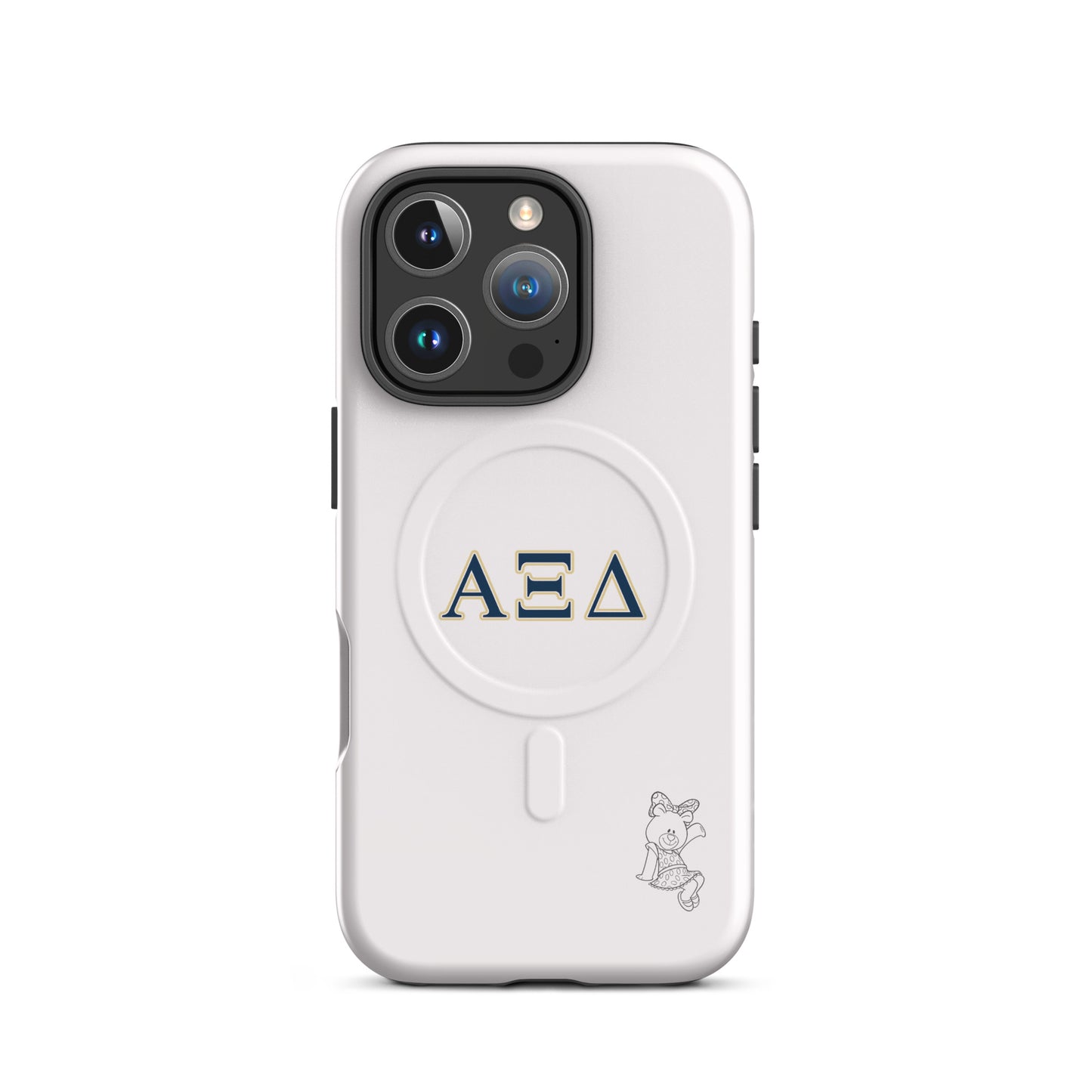 Alpha Xi Delta Betxi Bear iPhone 16 Pro case with Greek letters and MagSafe ring, minimalist white protective phone case with sorority mascot