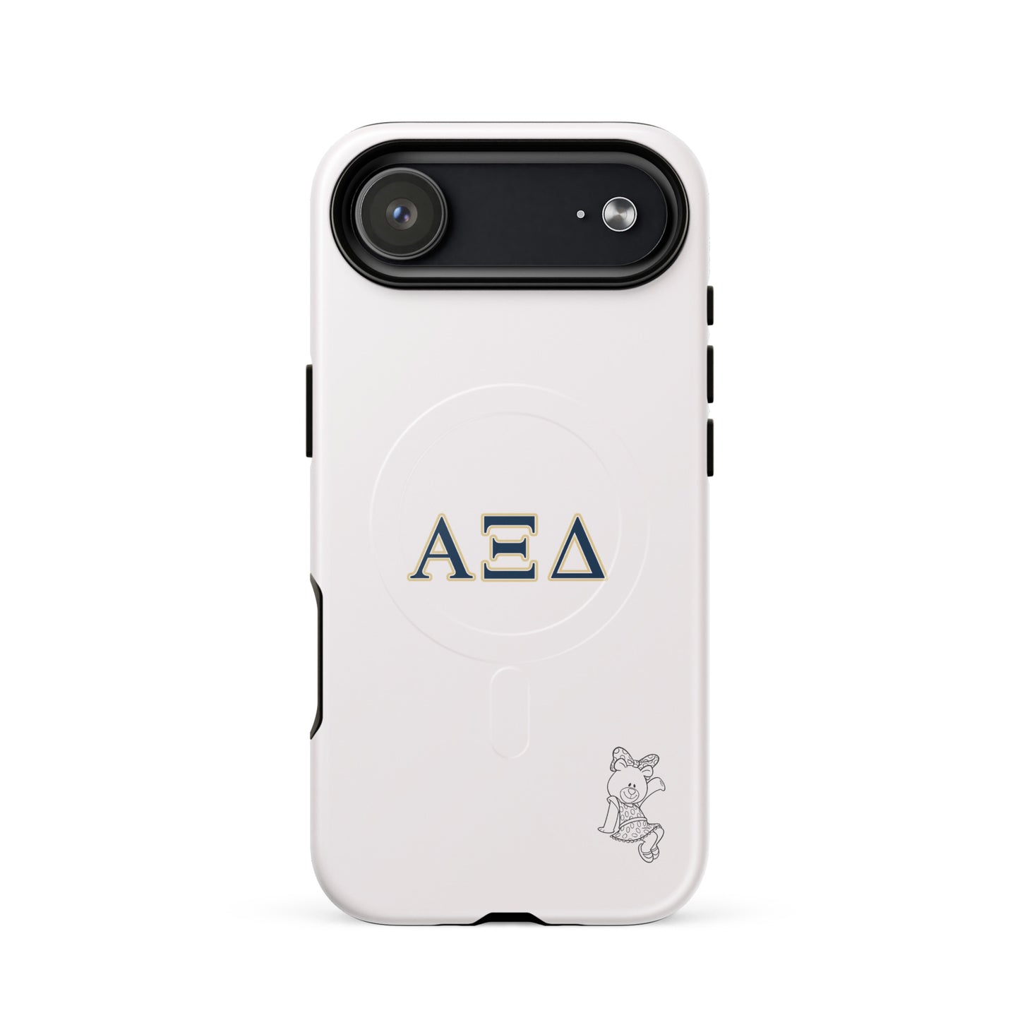 Alpha Xi Delta Betxi Bear iPhone 17 Air case with Greek letters and MagSafe ring, minimalist white protective phone case with sorority mascot