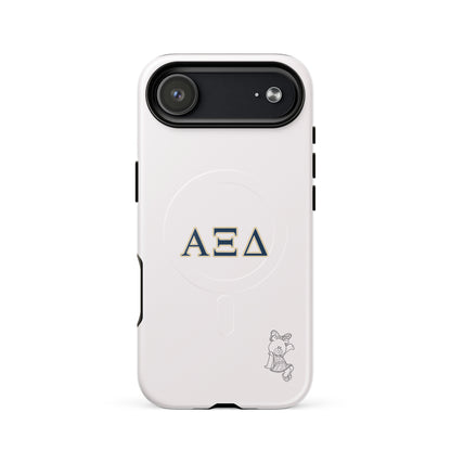Alpha Xi Delta Betxi Bear iPhone 17 Air case with Greek letters and MagSafe ring, minimalist white protective phone case with sorority mascot
