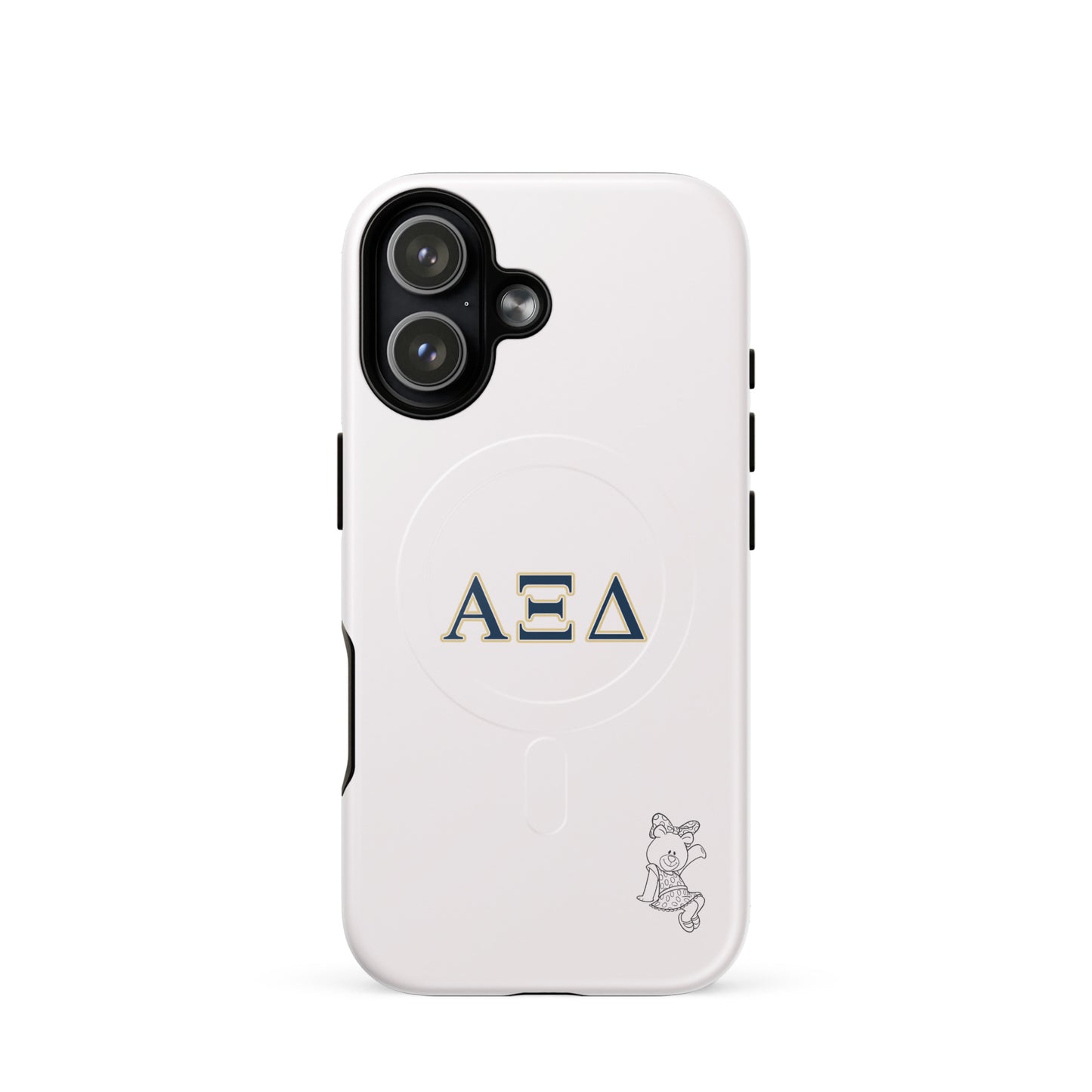 Alpha Xi Delta iPhone 17 case featuring Betxi Bear mascot and Greek letters, slim durable cover with MagSafe compatibility and clean design