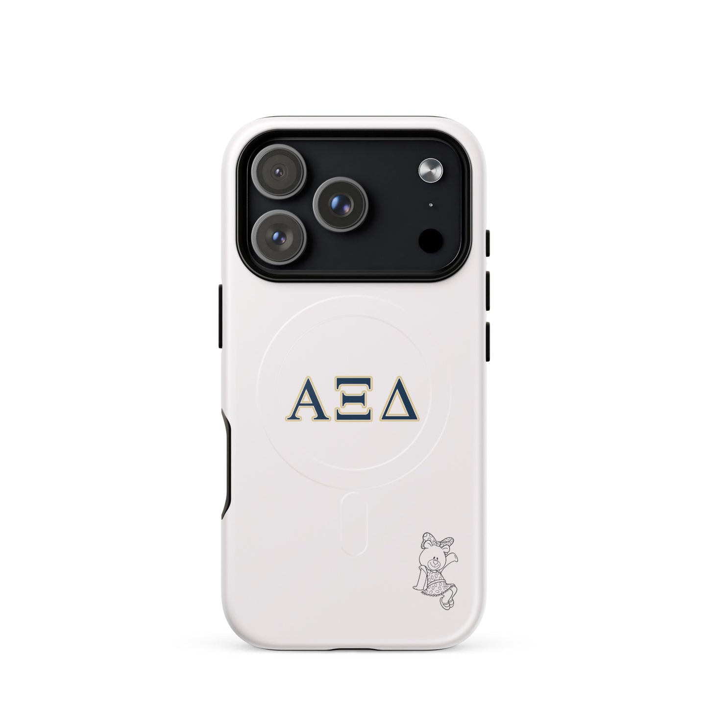 Alpha Xi Delta Greek letter phone case with Betxi Bear mascot, lightweight protective iPhone 17 Pro case with MagSafe ring and minimalist style