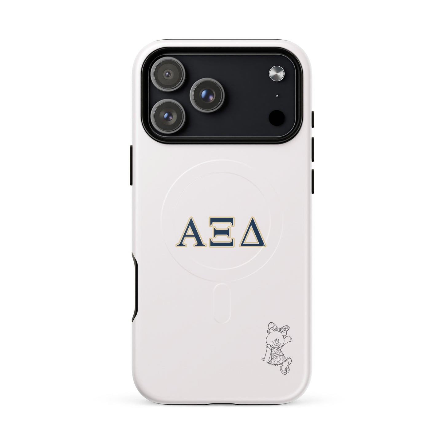 Alpha Xi Delta iPhone 17 Pro Max case featuring Betxi Bear mascot and Greek letters, slim durable cover with MagSafe compatibility and clean design