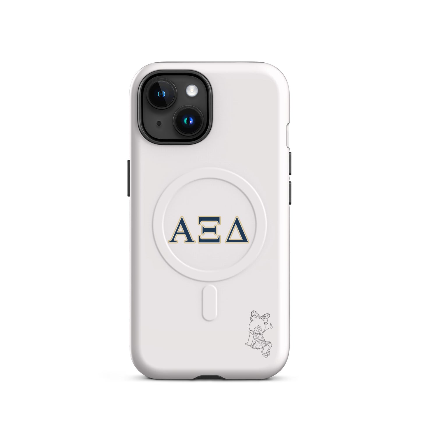 Alpha Xi Delta Betxi Bear iPhone case with Greek letters and MagSafe ring, minimalist white protective phone case with sorority mascot