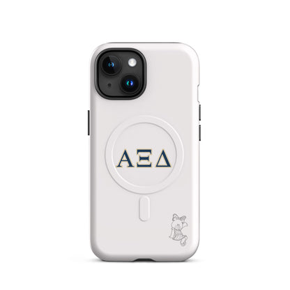 Alpha Xi Delta Betxi Bear iPhone case with Greek letters and MagSafe ring, minimalist white protective phone case with sorority mascot