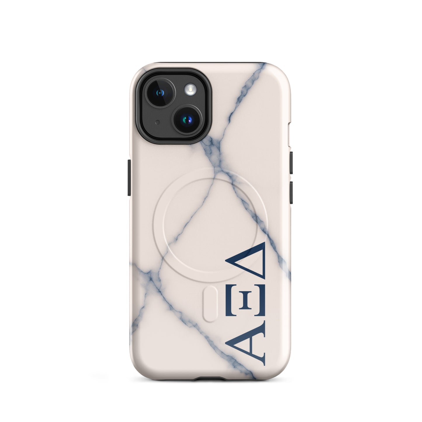 Alpha Xi Delta blue vein marble iPhone 14 case with Greek letters and MagSafe ring, slim protective phone case with elegant stone design