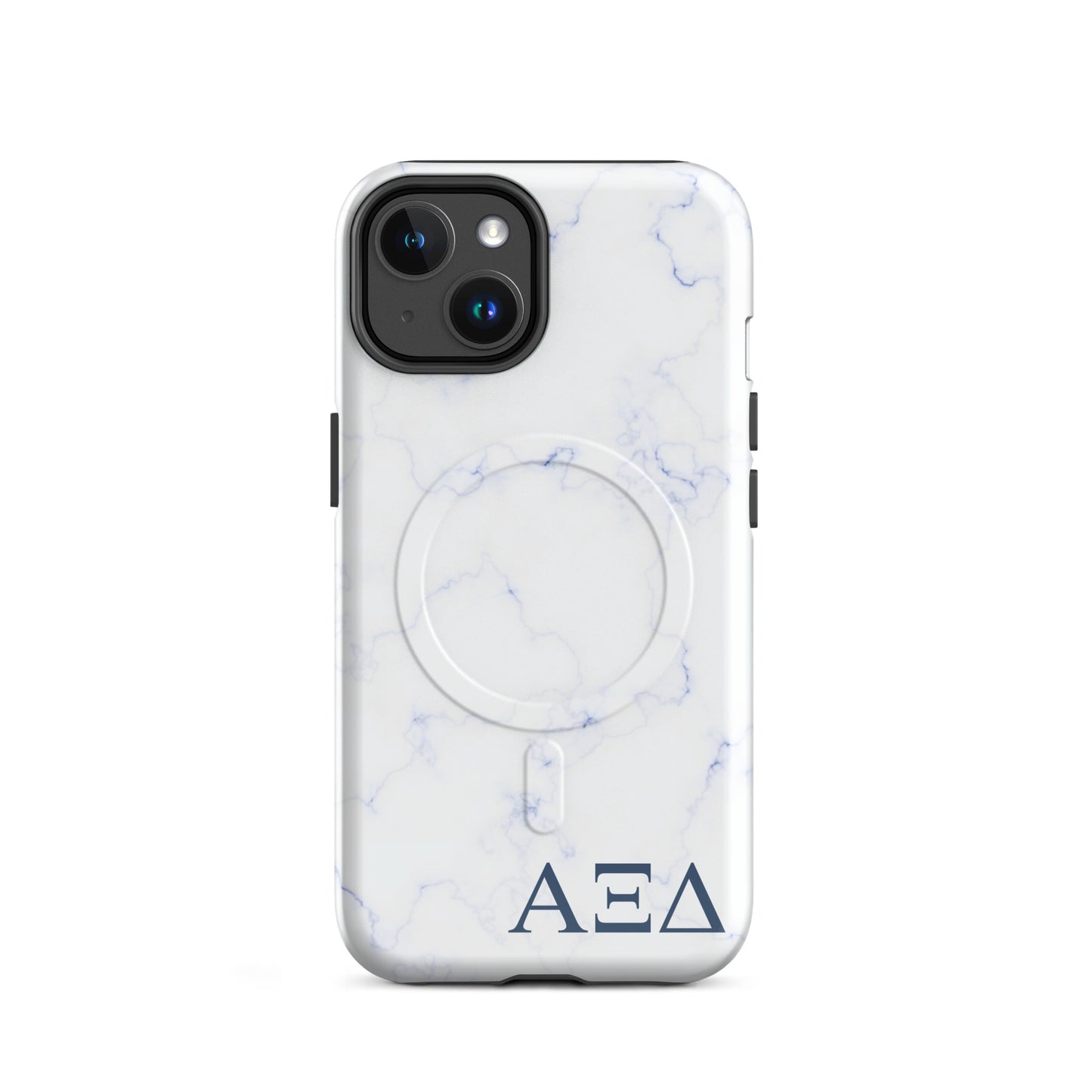 Alpha Xi Delta blue marble iPhone 14 case with Greek letters and MagSafe ring, slim protective phone case with soft blue aesthetic design