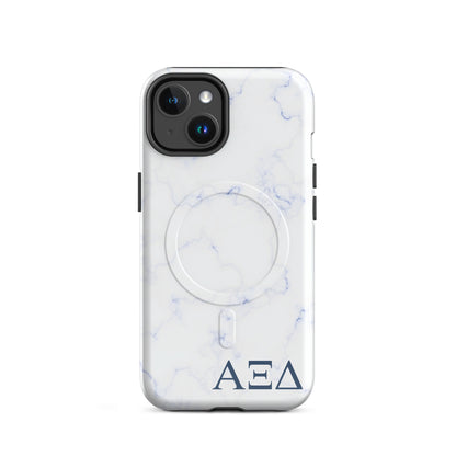 Alpha Xi Delta blue marble iPhone 14 case with Greek letters and MagSafe ring, slim protective phone case with soft blue aesthetic design