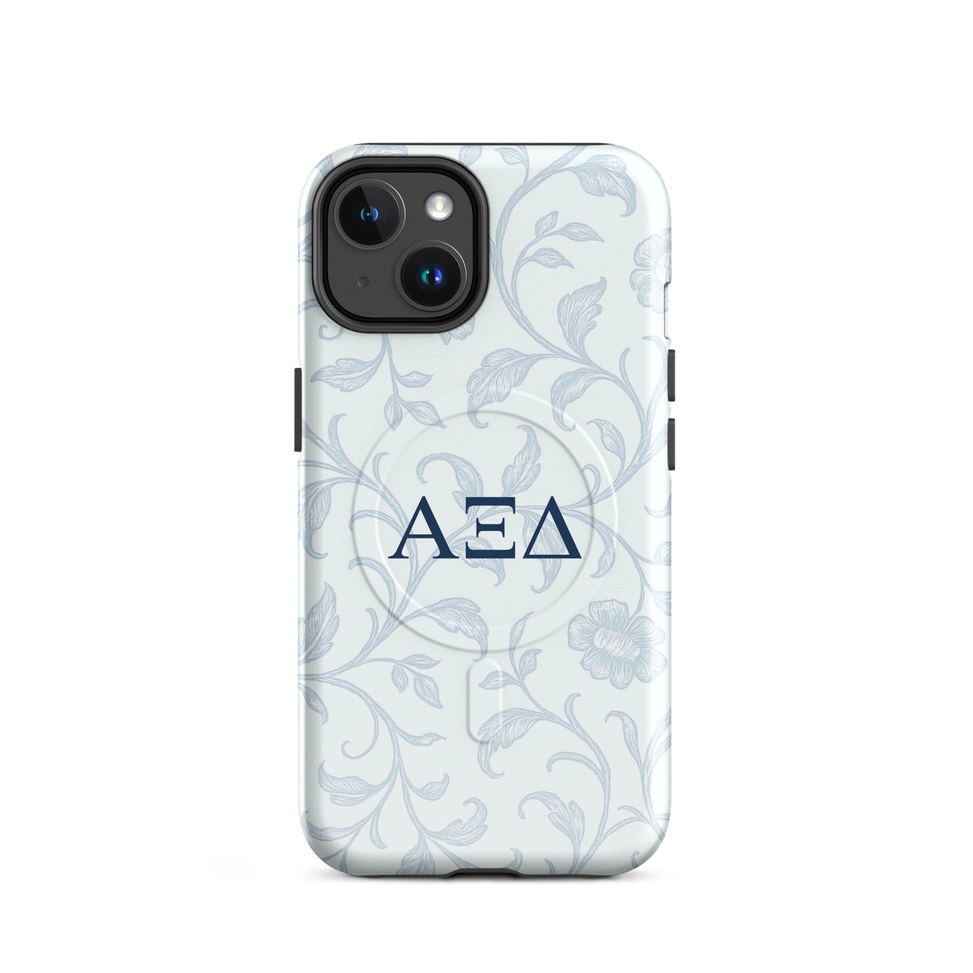 Alpha Xi Delta floral toile iPhone 14 case with Greek letters and MagSafe ring, elegant blue pattern protective phone case