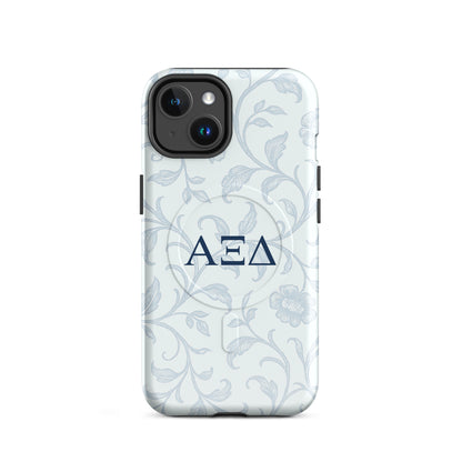 Alpha Xi Delta floral toile iPhone 14 case with Greek letters and MagSafe ring, elegant blue pattern protective phone case