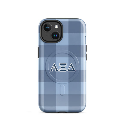 Alpha Xi Delta Greek letter phone case in blue plaid design, lightweight protective iPhone 14 case with MagSafe ring and classic look