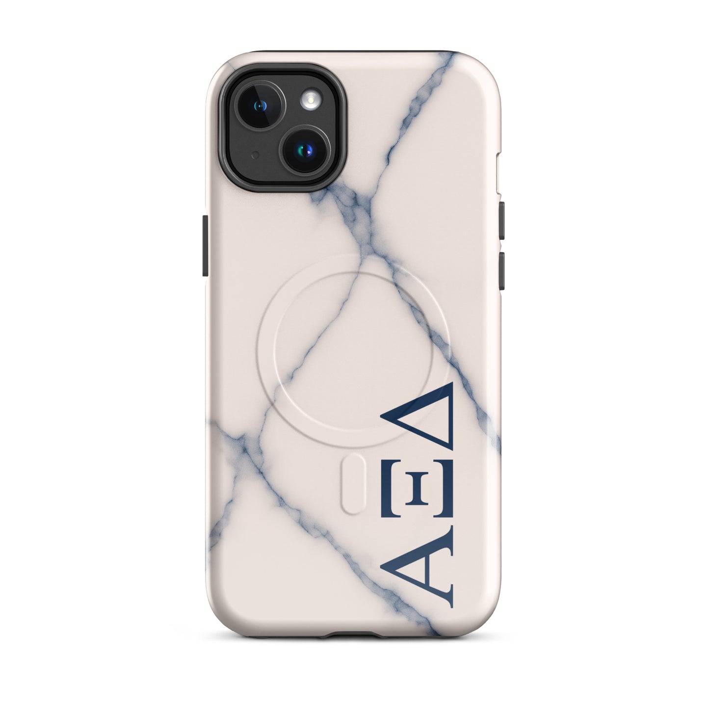 Alpha Xi Delta iPhone 14 Plus case with blue vein marble pattern and vertical Greek letters, durable slim cover with MagSafe compatibility