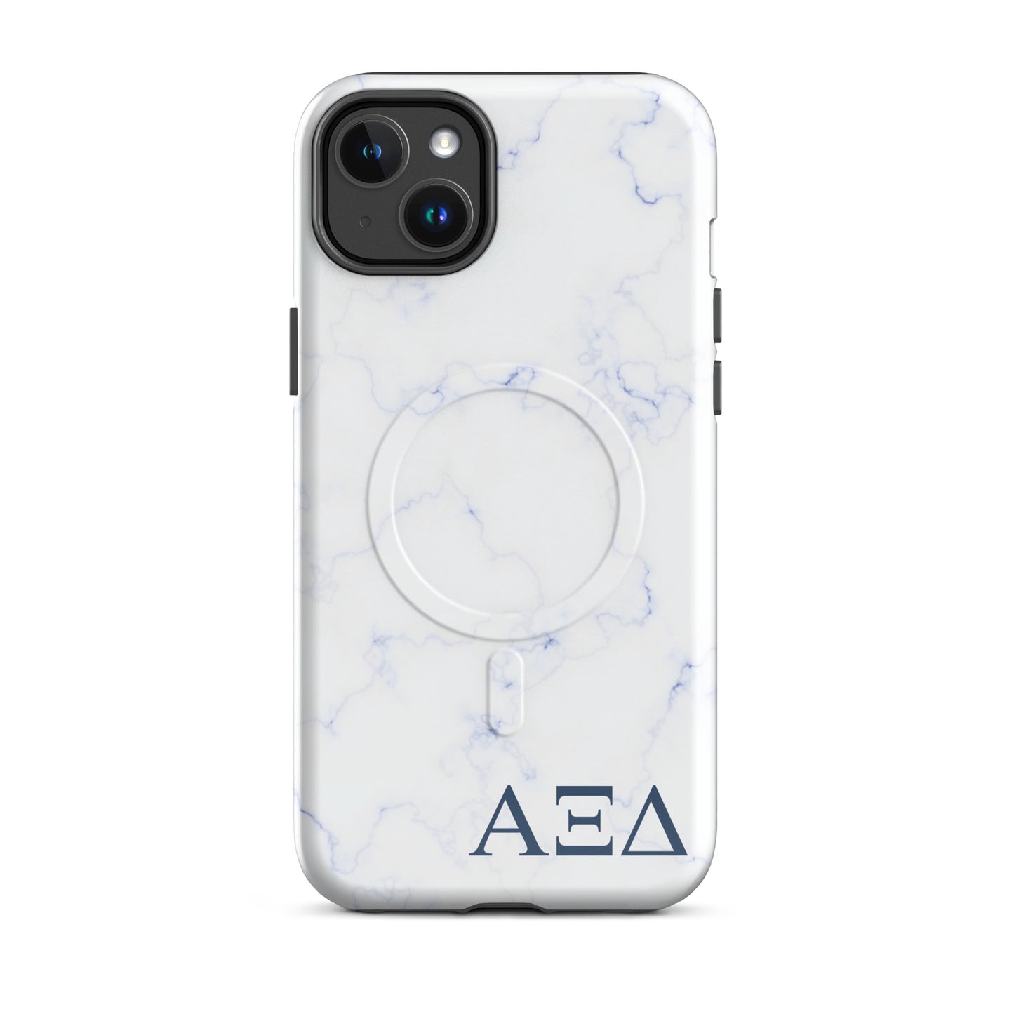 Alpha Xi Delta iPhone 14 Plus case with light blue marble pattern and Greek letters, durable slim cover with MagSafe compatibility and glossy finish