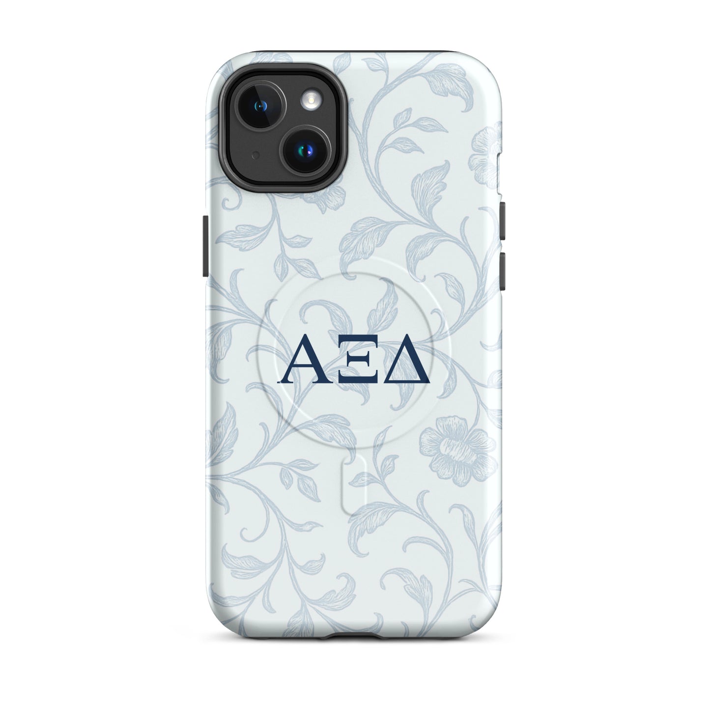 Alpha Xi Delta iPhone 14 Plus case with blue floral toile design and Greek letters, slim durable cover with MagSafe compatibility