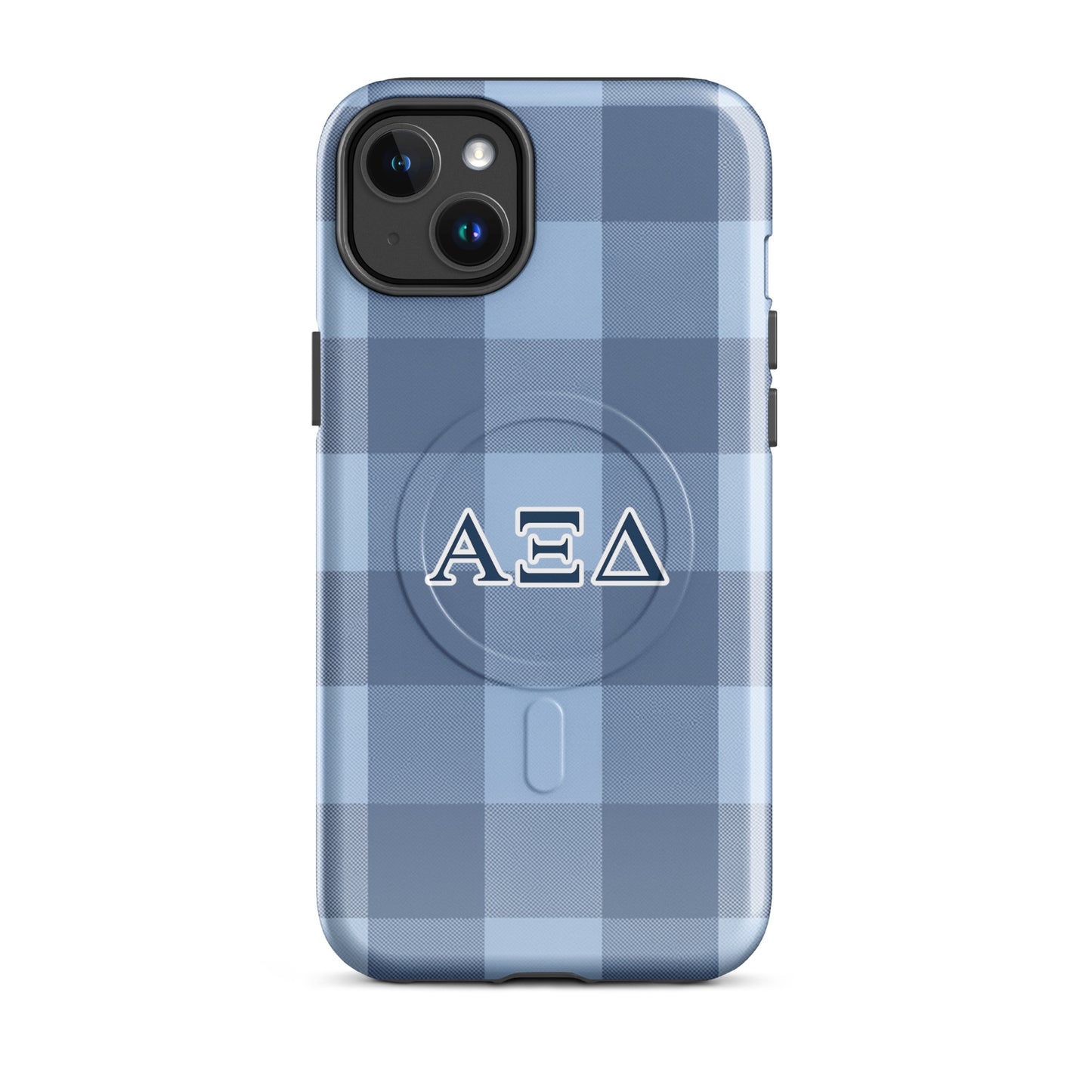 Alpha Xi Delta iPhone 14 Plus case with blue plaid pattern and Greek letters, slim durable cover with MagSafe compatibility and preppy style