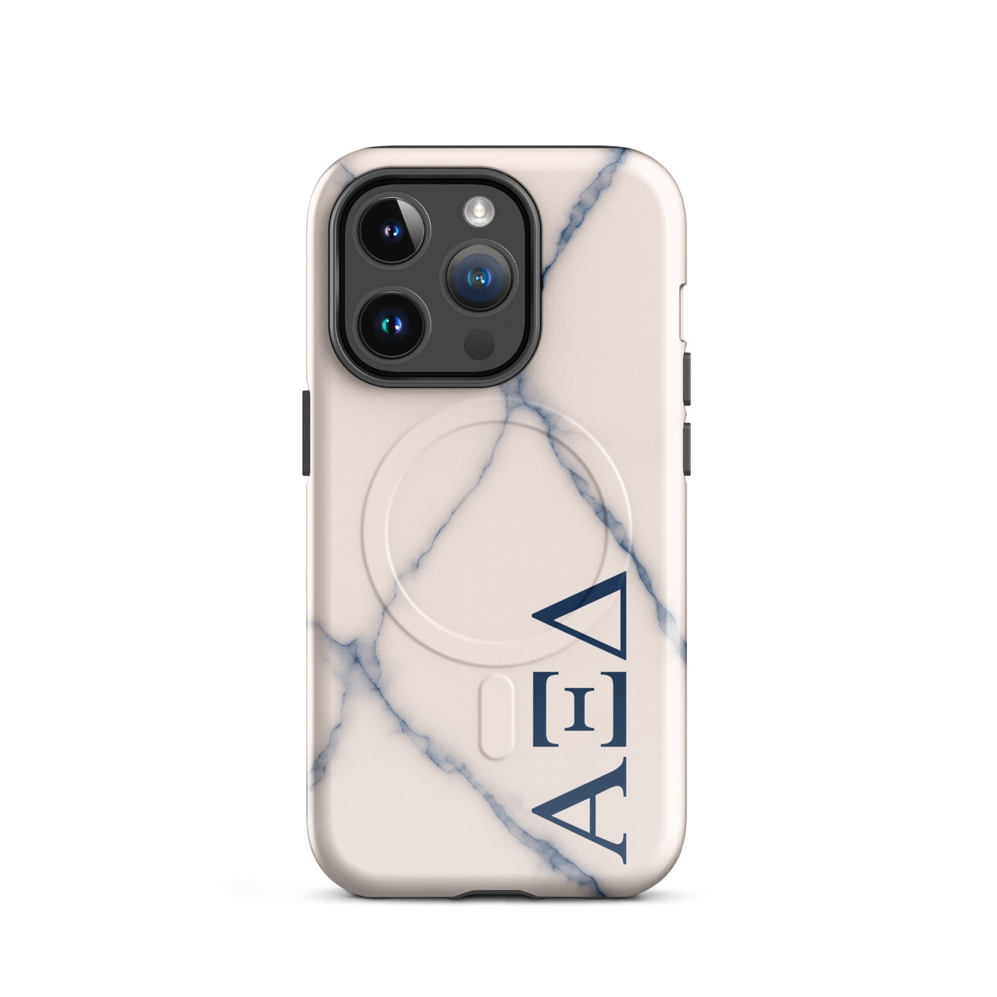 Alpha Xi Delta Greek letter phone case in blue marble design, lightweight protective iPhone 14 Pro case with MagSafe ring and minimalist style