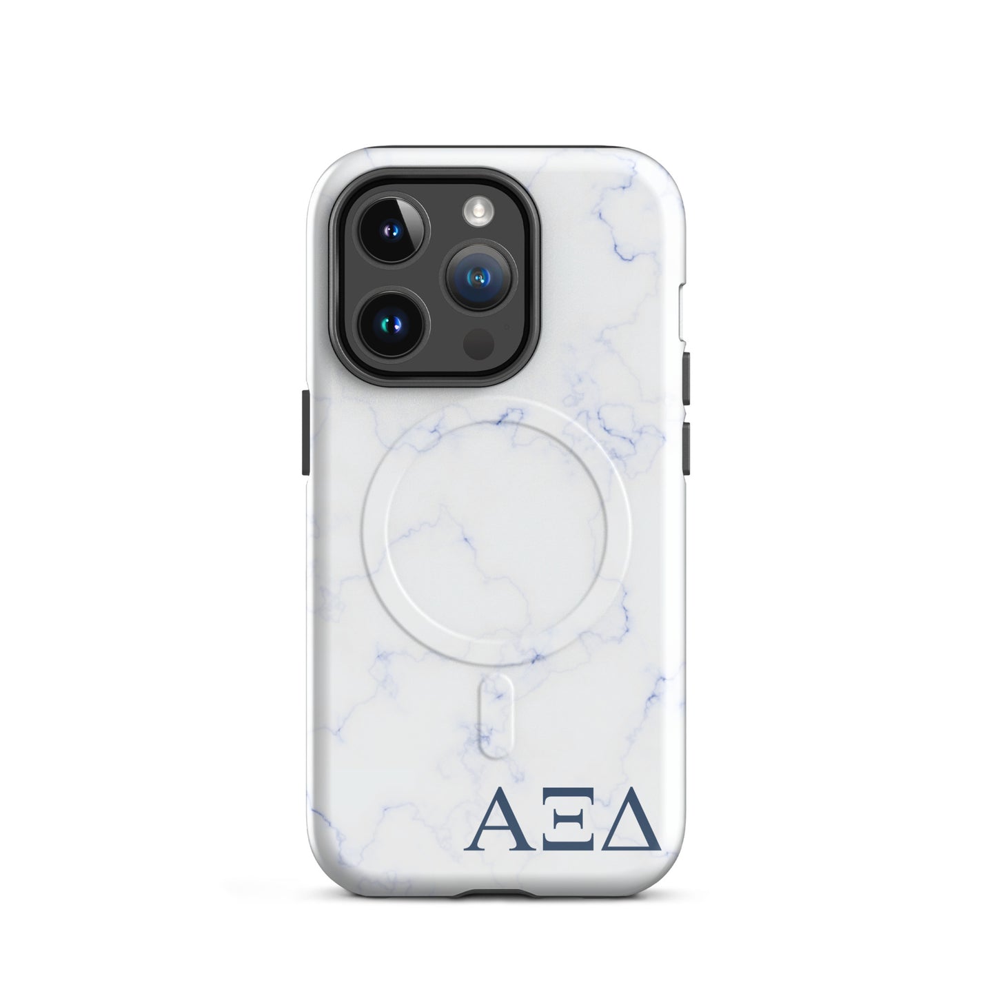 Alpha Xi Delta Greek letter phone case in blue marble design, lightweight protective iPhone 14 Pro case with MagSafe ring and smooth finish