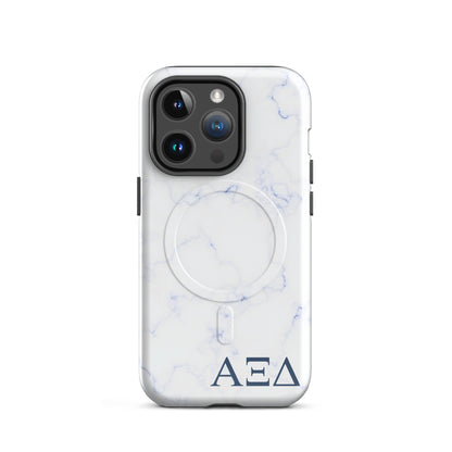 Alpha Xi Delta Greek letter phone case in blue marble design, lightweight protective iPhone 14 Pro case with MagSafe ring and smooth finish